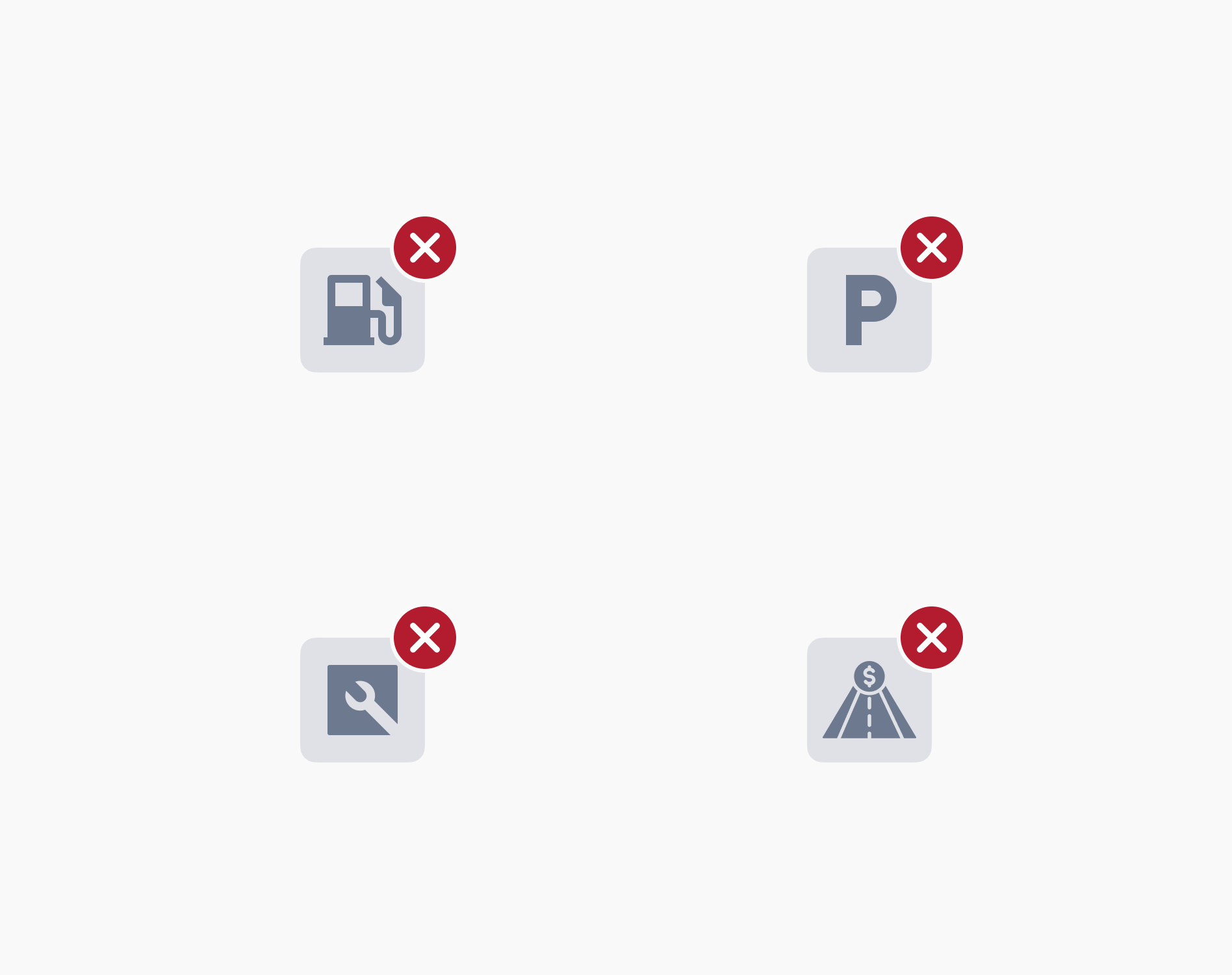 Four illustrations of unavailable services including fueling, parking, maintenance, and tolling.
