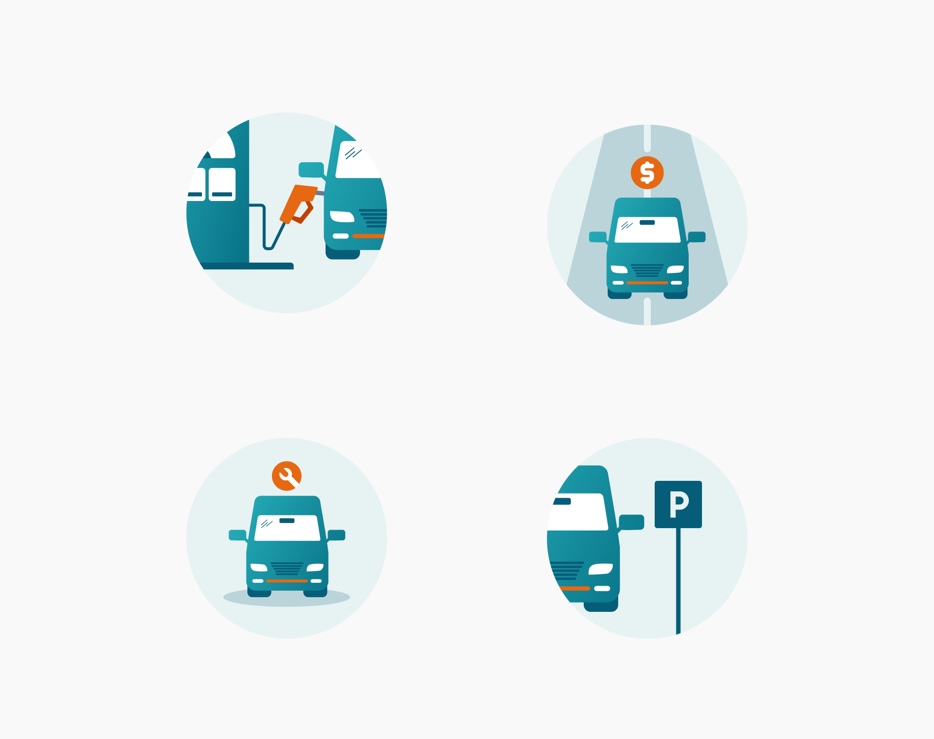 Four illustrations of Car IQ services including fueling, tolls, maintenance, and parking.