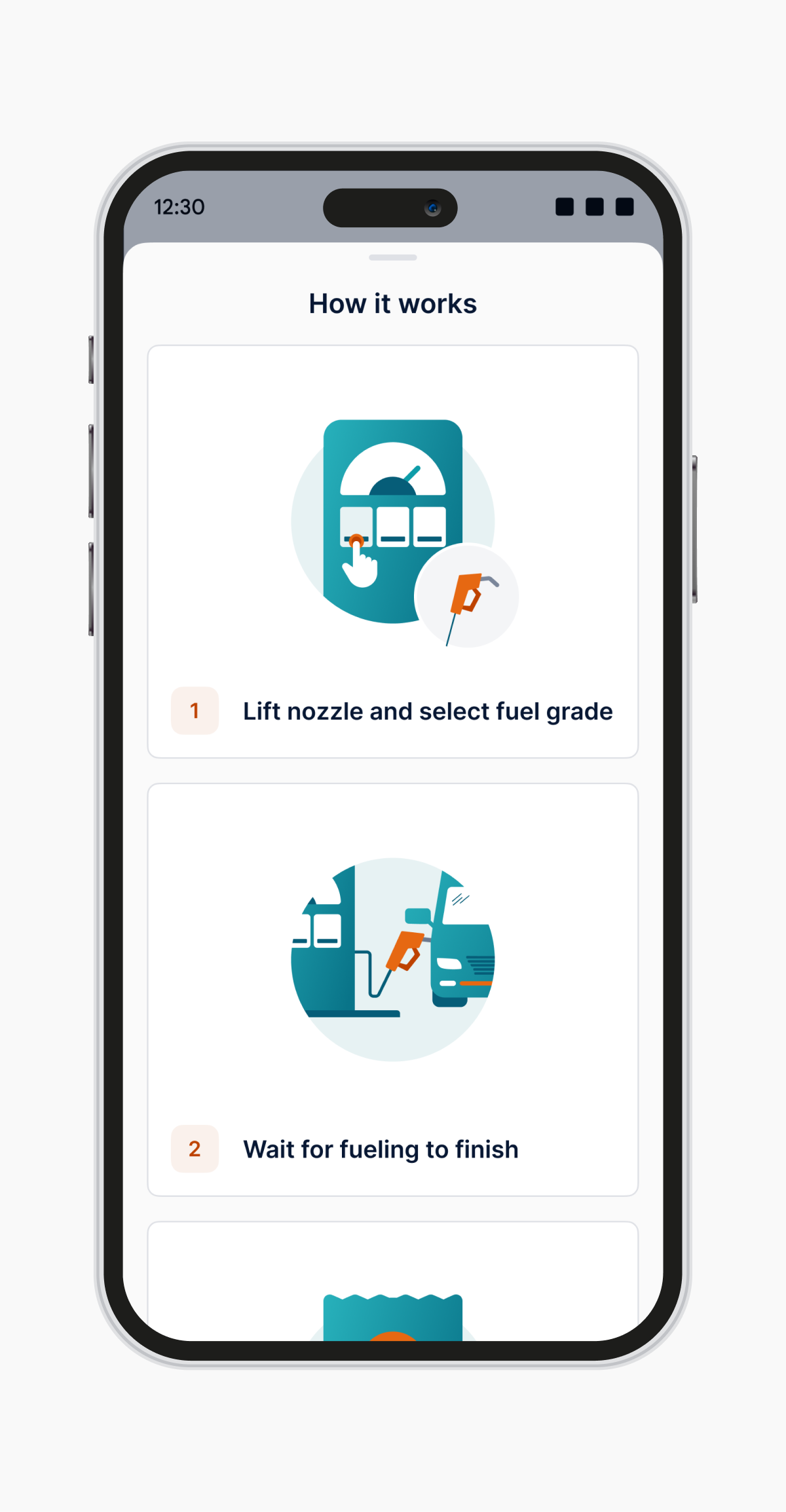 Mobile mockup of fueling instructions and illustrations.