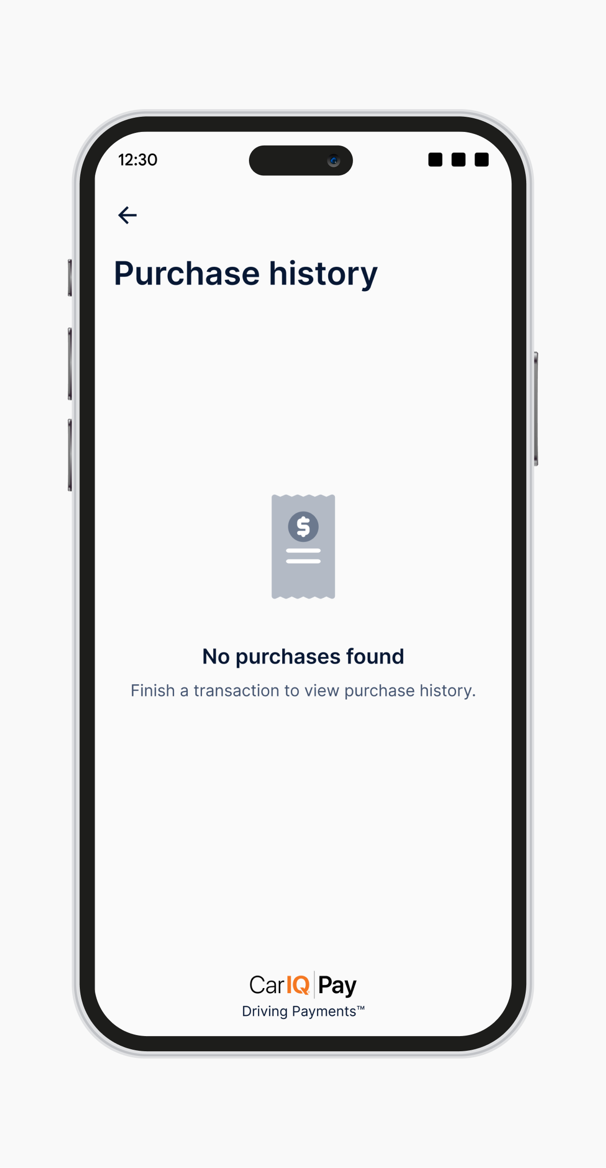 Mobile mockup of no purchases found screen.