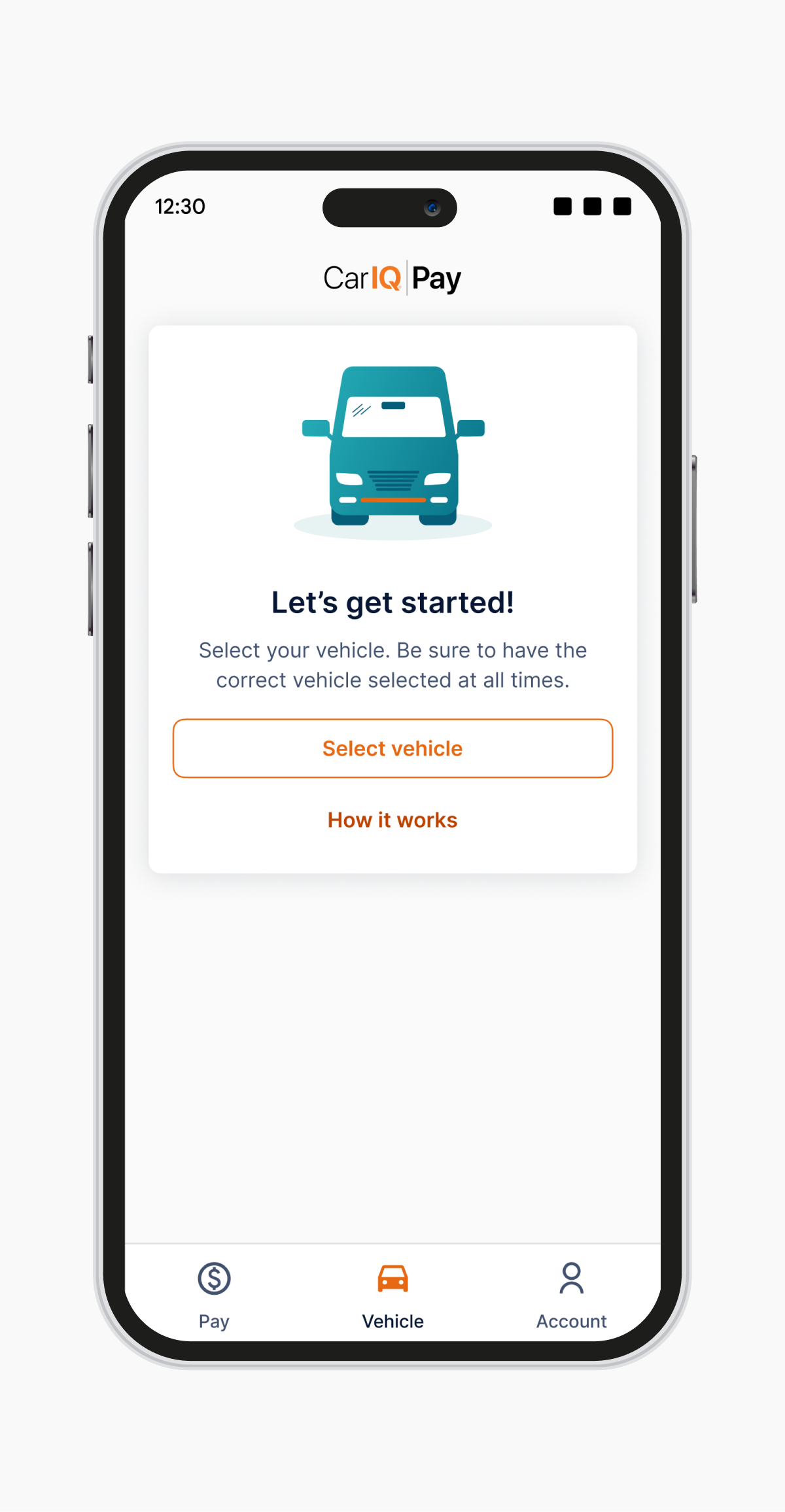 Mobile mockup of Car IQ setup screen.
