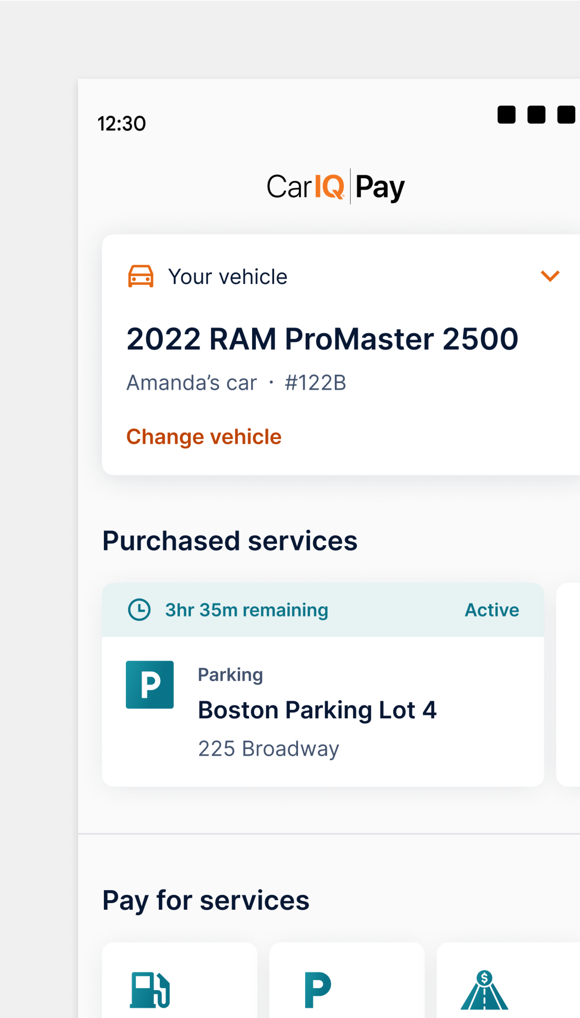 Mobile UI for Car IQ dashboard that highlights purchased parking services.