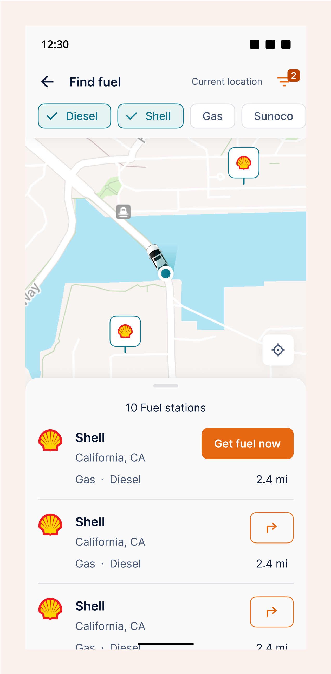 Mobile screen for navigating to fuel stations.