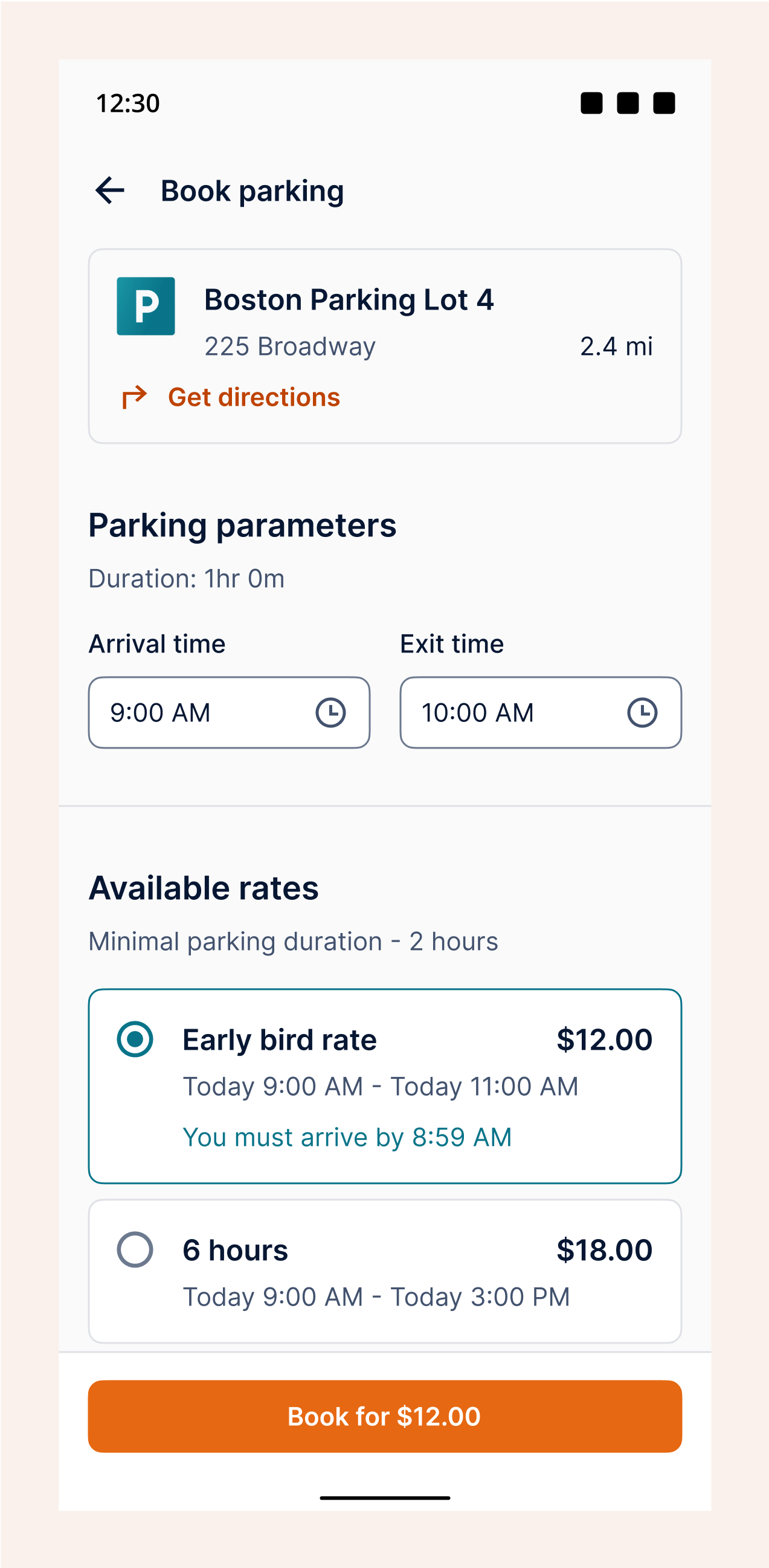 Mobile screen of scheduling a parking reservation with Car IQ.