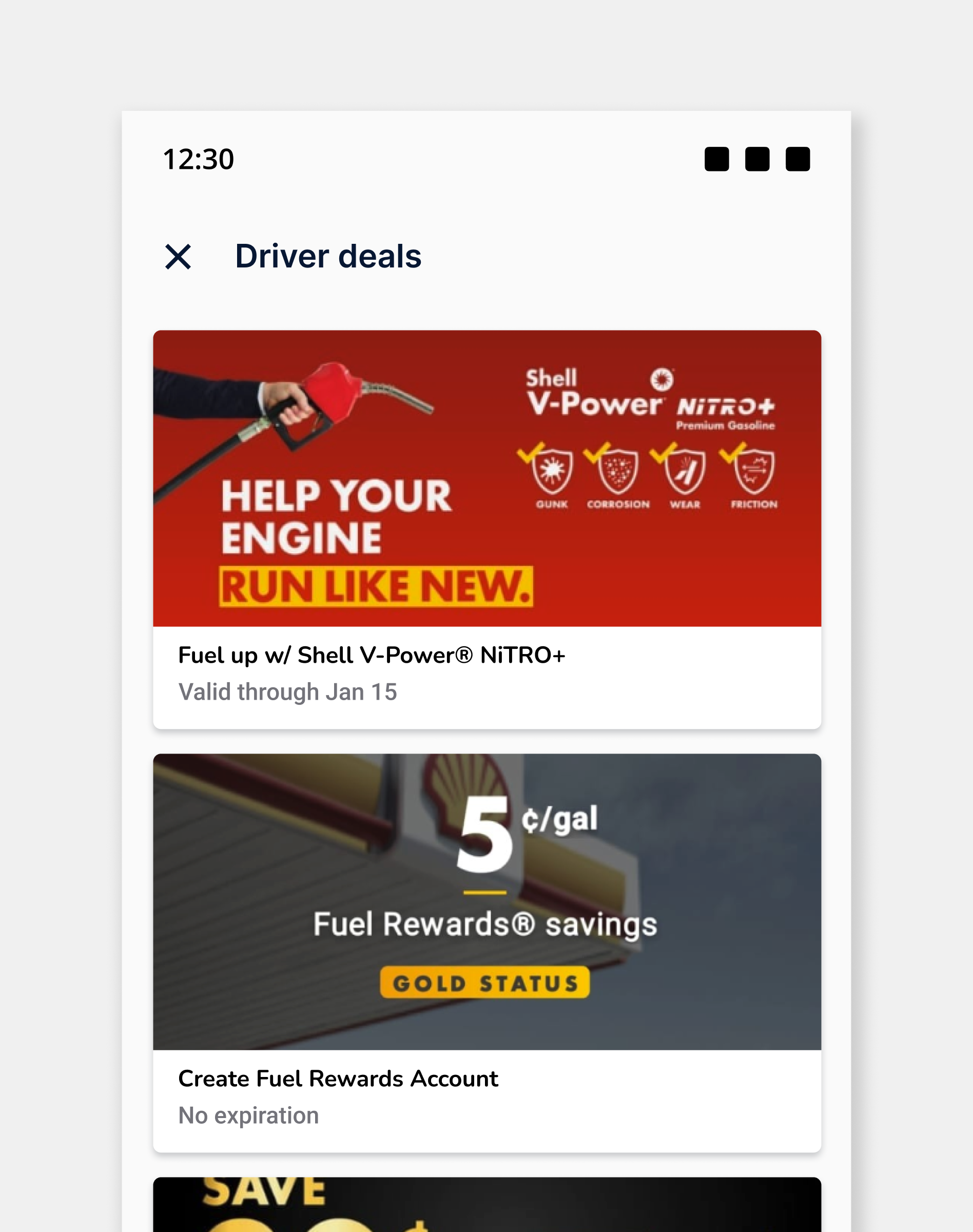 Mobile phone screen showcasing a series of driver deals.