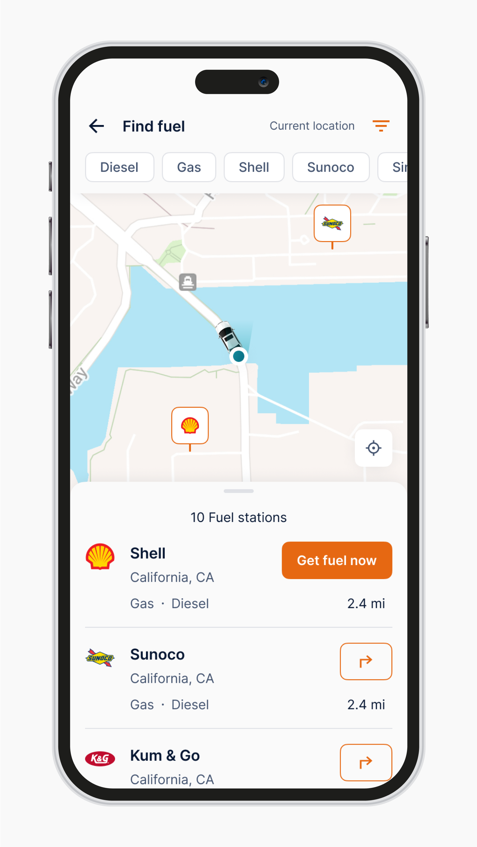 Mobile phone mockup of navigating to a fuel station.