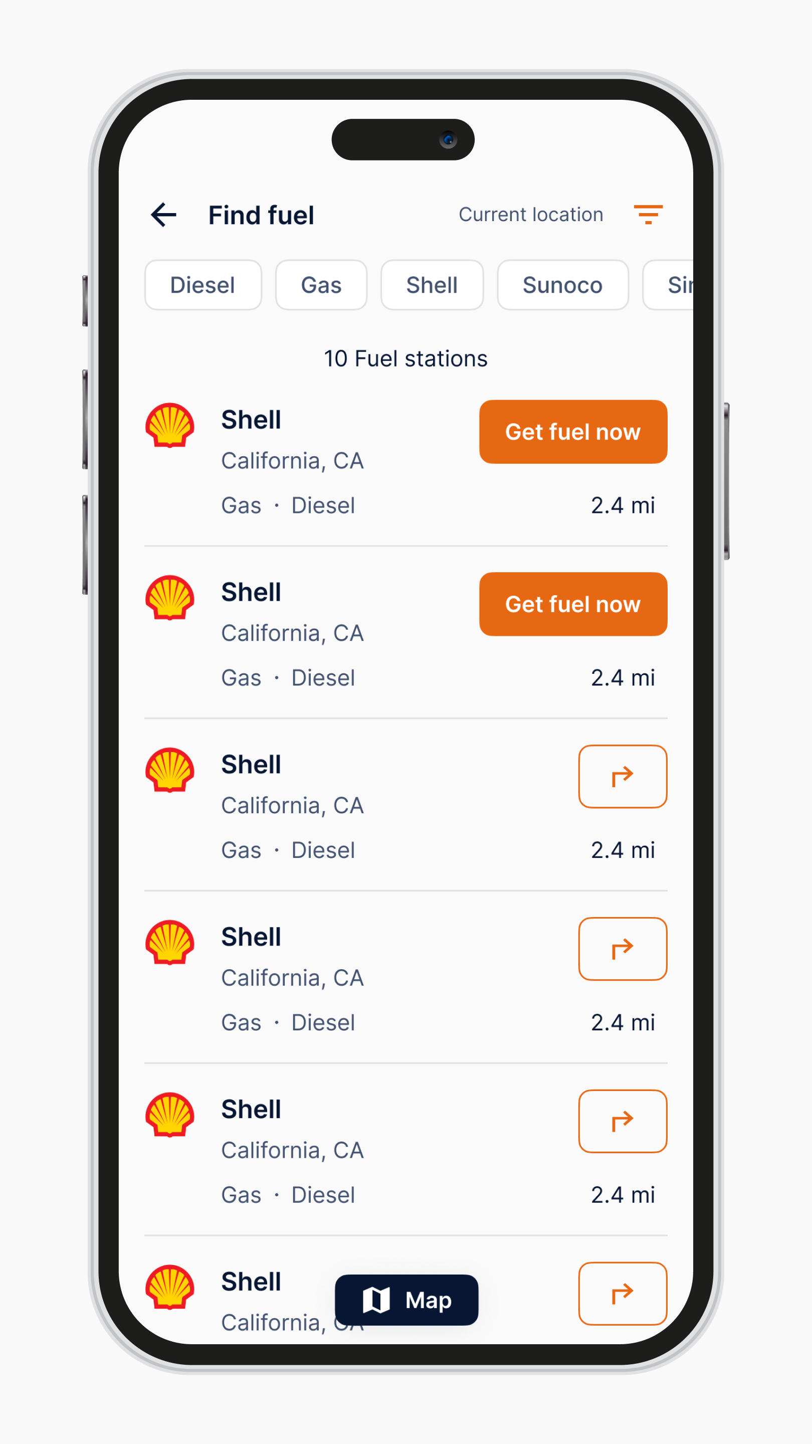 Mobile phone mockup of available fuel stations.