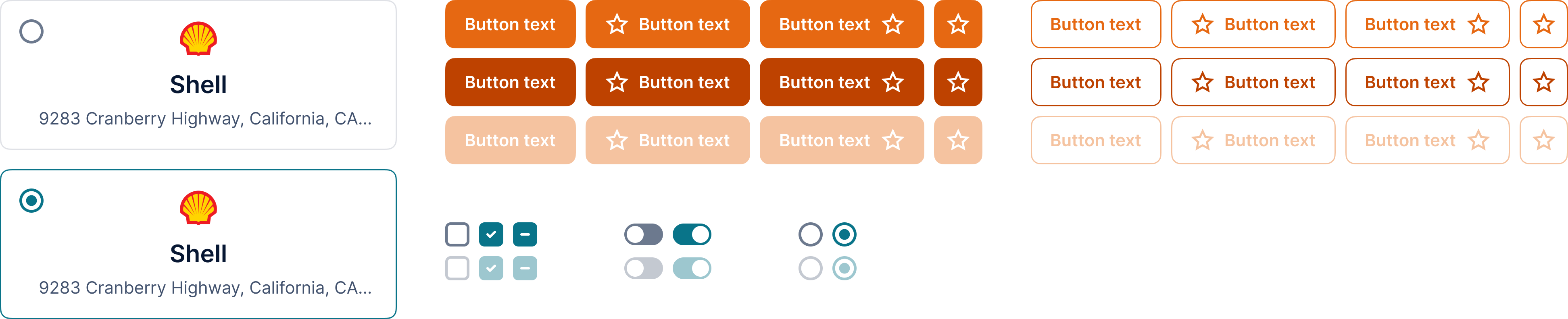 Different states for buttons and cards.