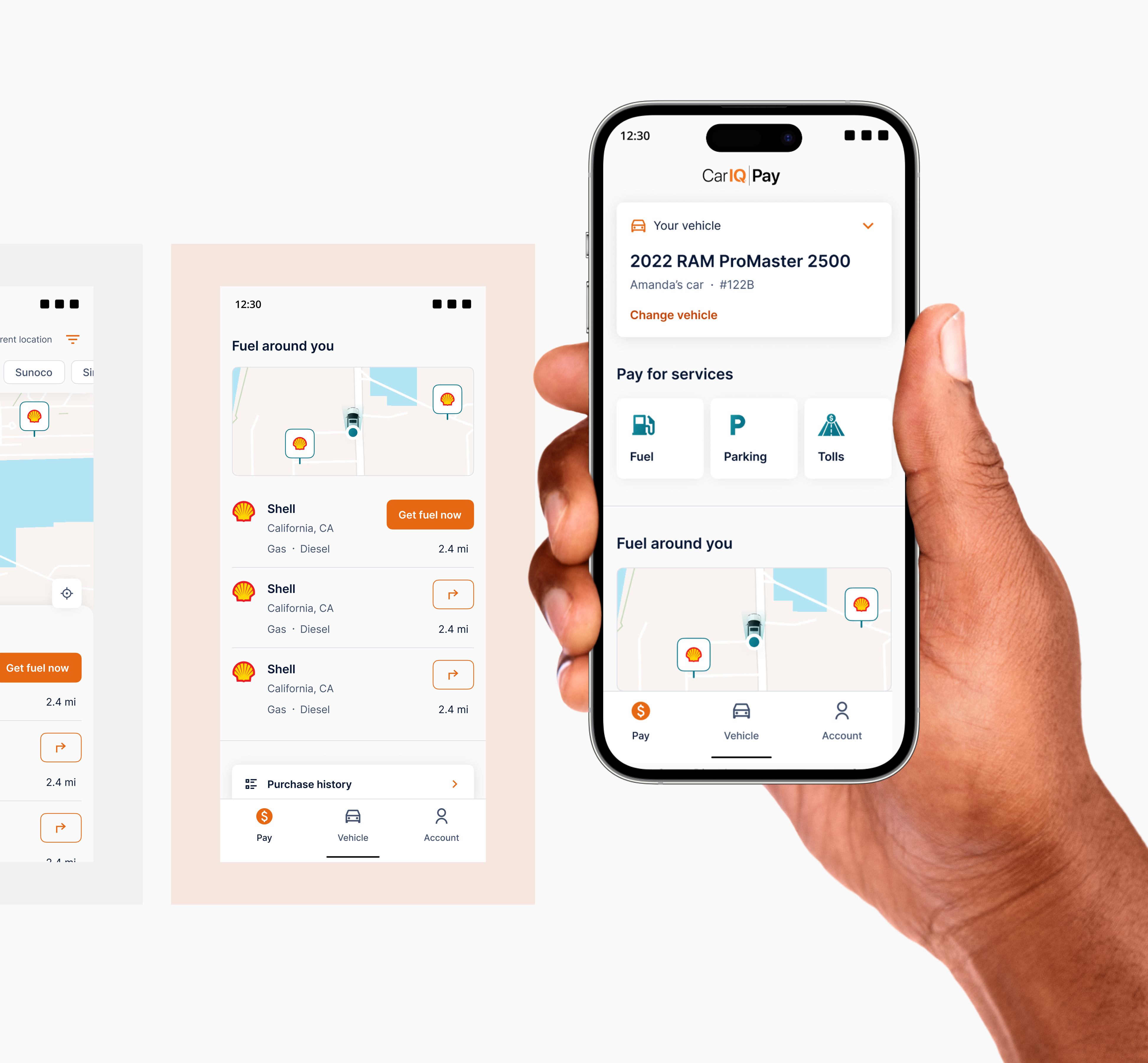 Hand holding a mobile phone mockup of Car IQ dashboard.