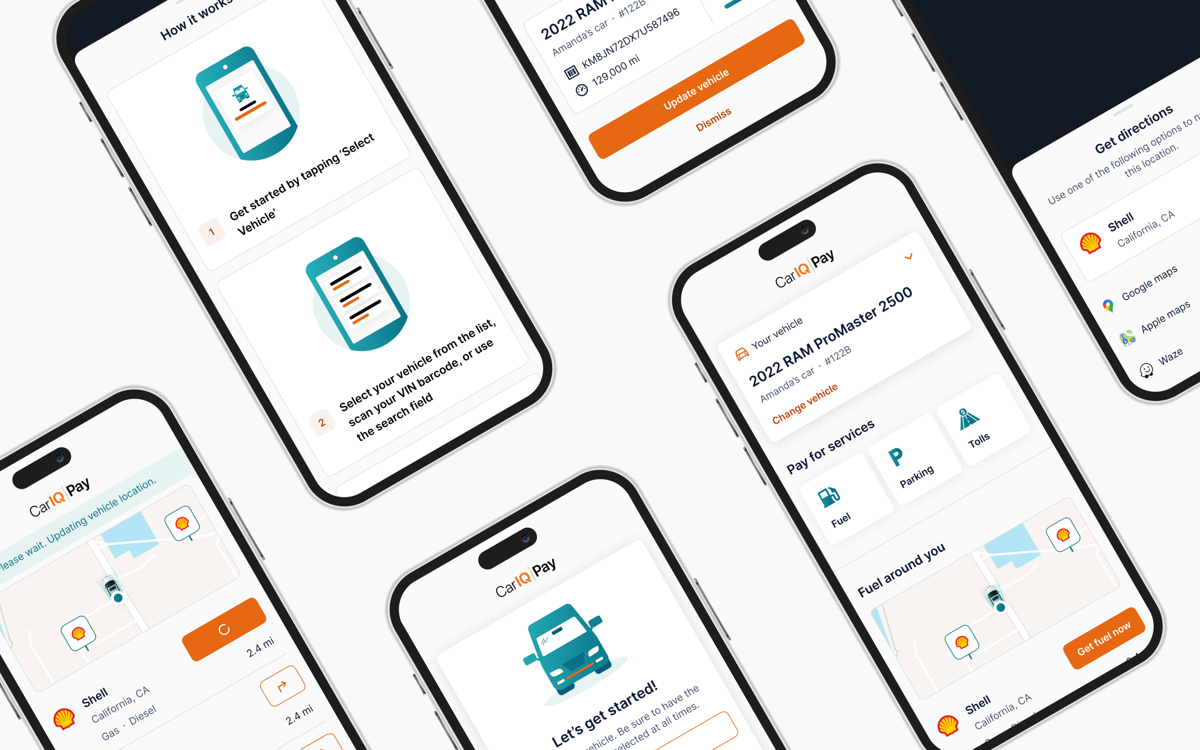 Array of Car IQ Pay mobile phone mockups.
