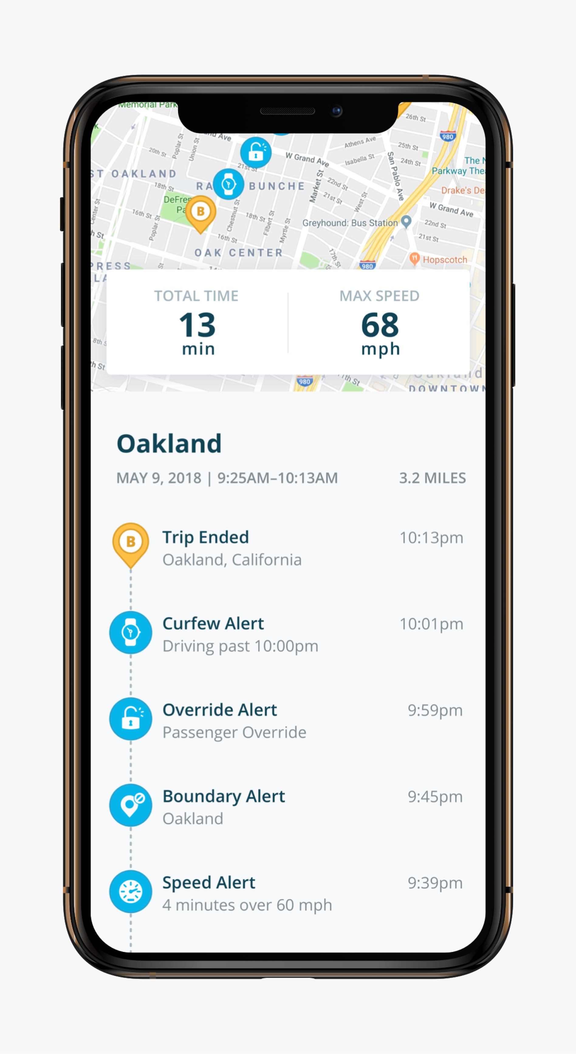 Mobile phone mock up of a driver's trip details.