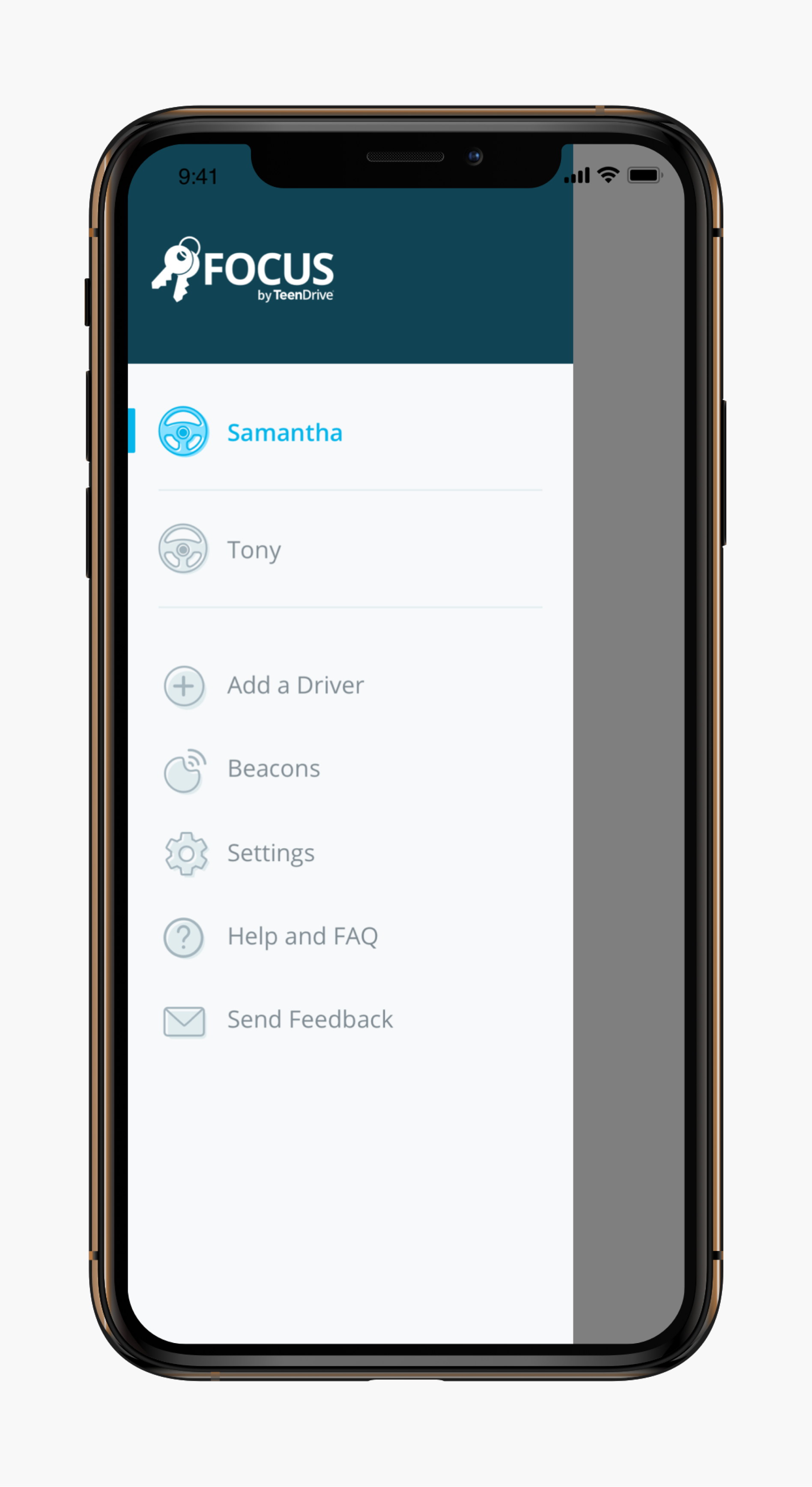 Mobile phone mockup of the sidebar navigation.