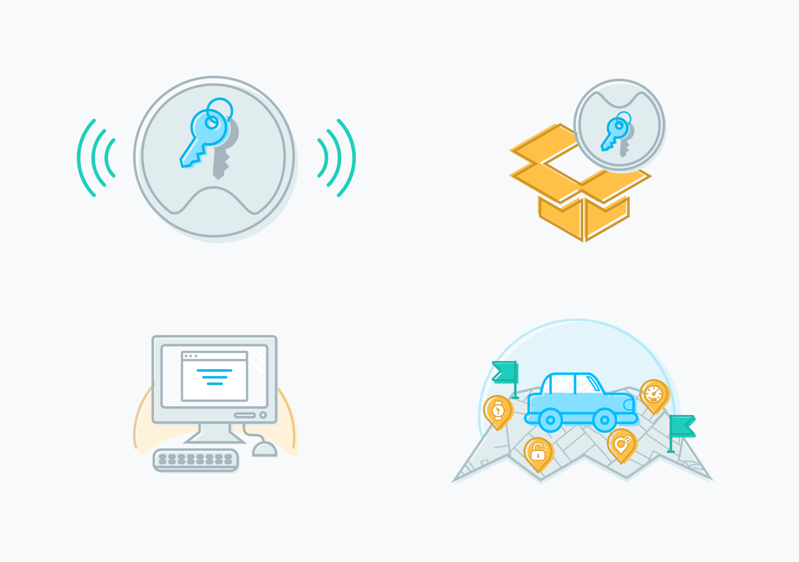 A grid of onboarding illustrations including a beacon, package, computer, and a vehicle on a map. 