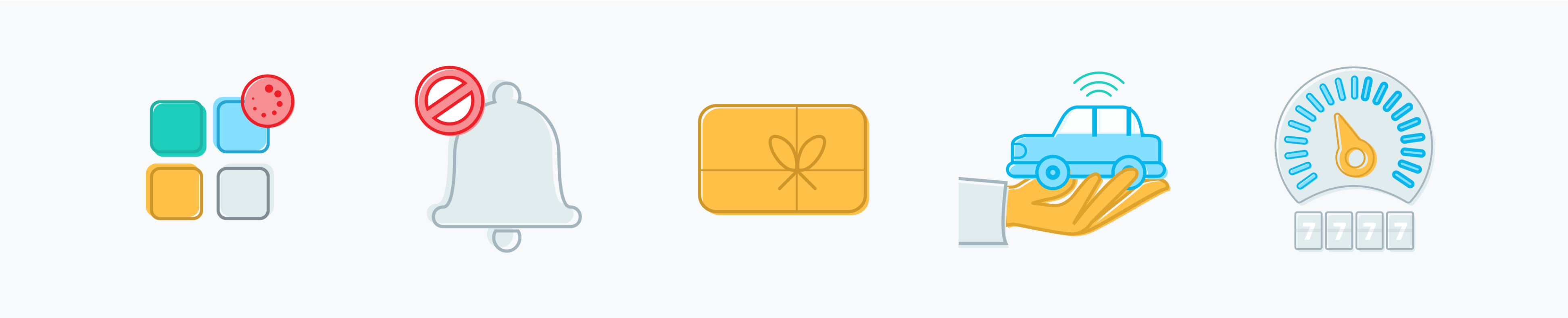 Marketing illustrations including app removal, notifications blocking, gift, vehicle in a hand, and a speedometer.