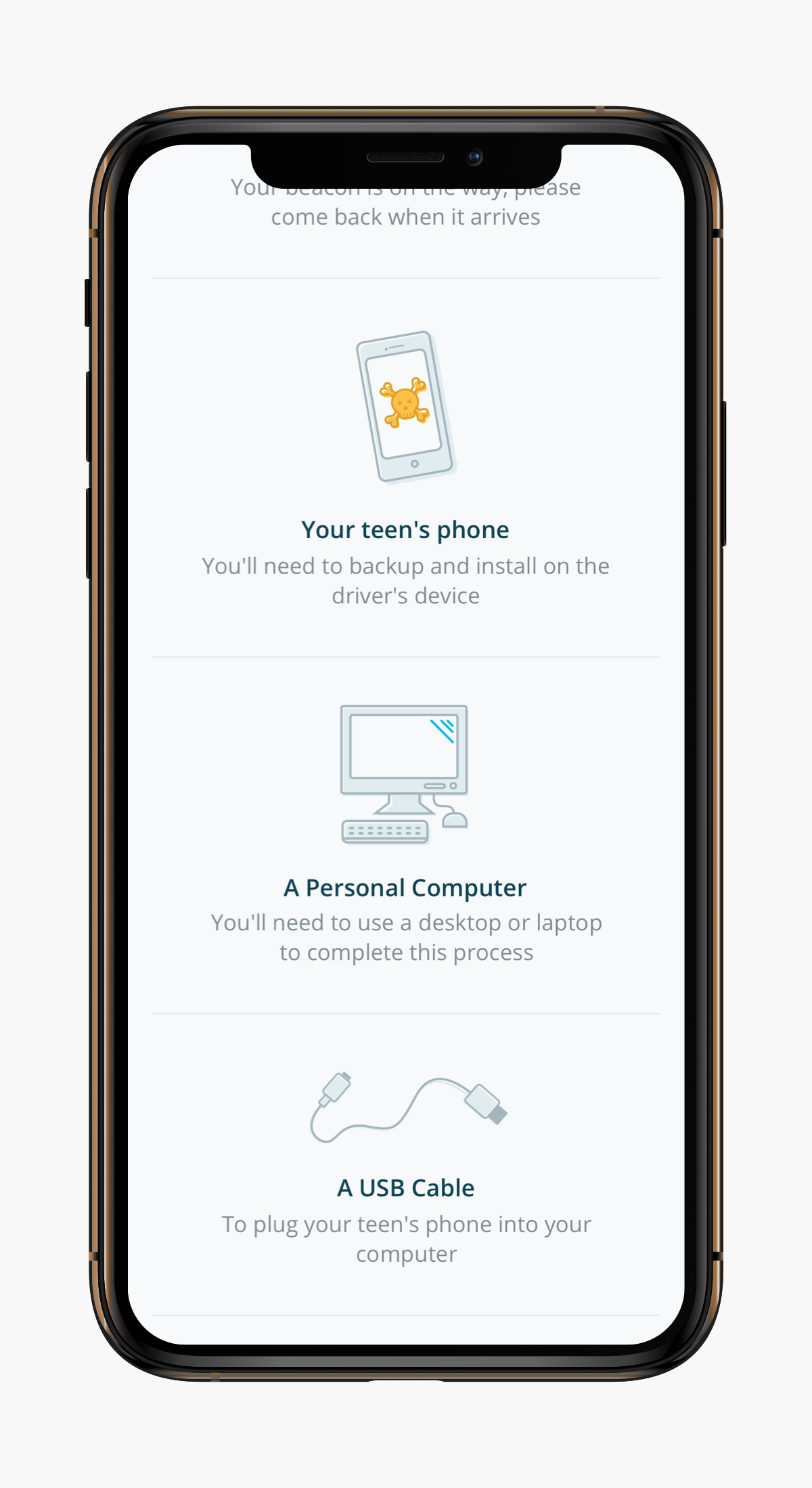 Mobile phone mockup of required items for setup including a phone, cable, computer, and a beacon.