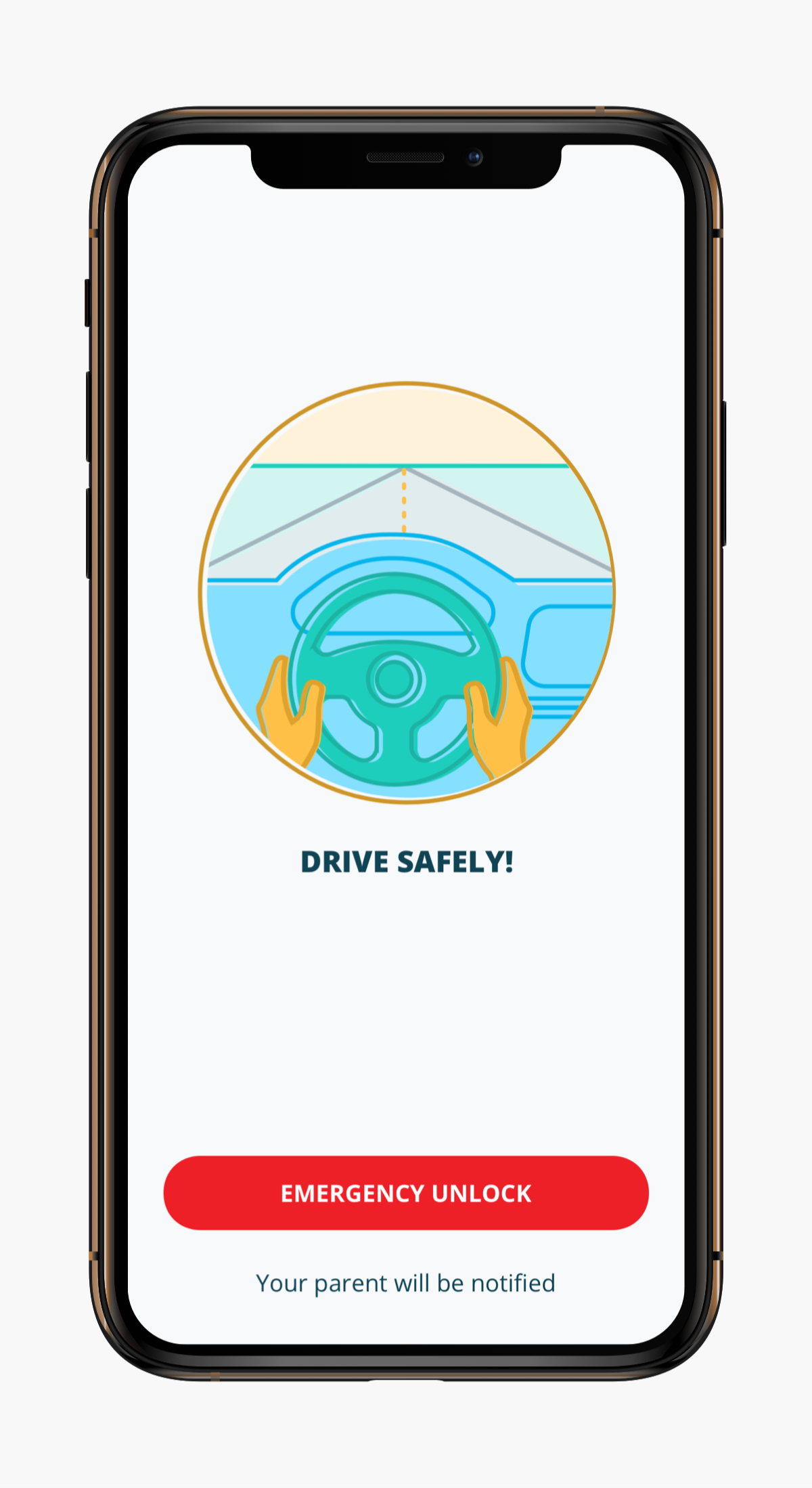 Mobile phone mockup of a drive in progress with an illustration of a driver with their hands on the wheel.
