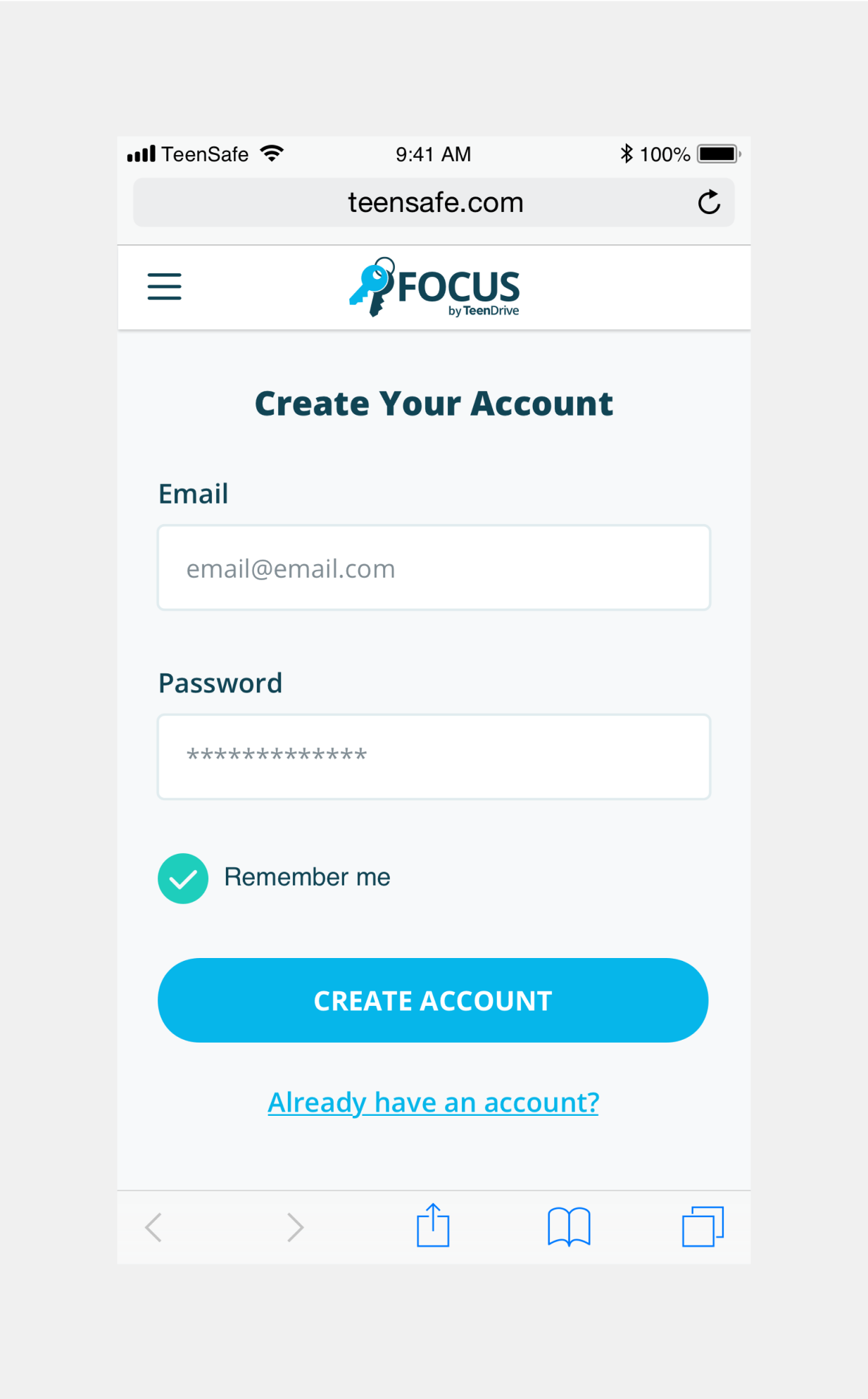 Mobile mockup of TeenSafe sign-in screen.