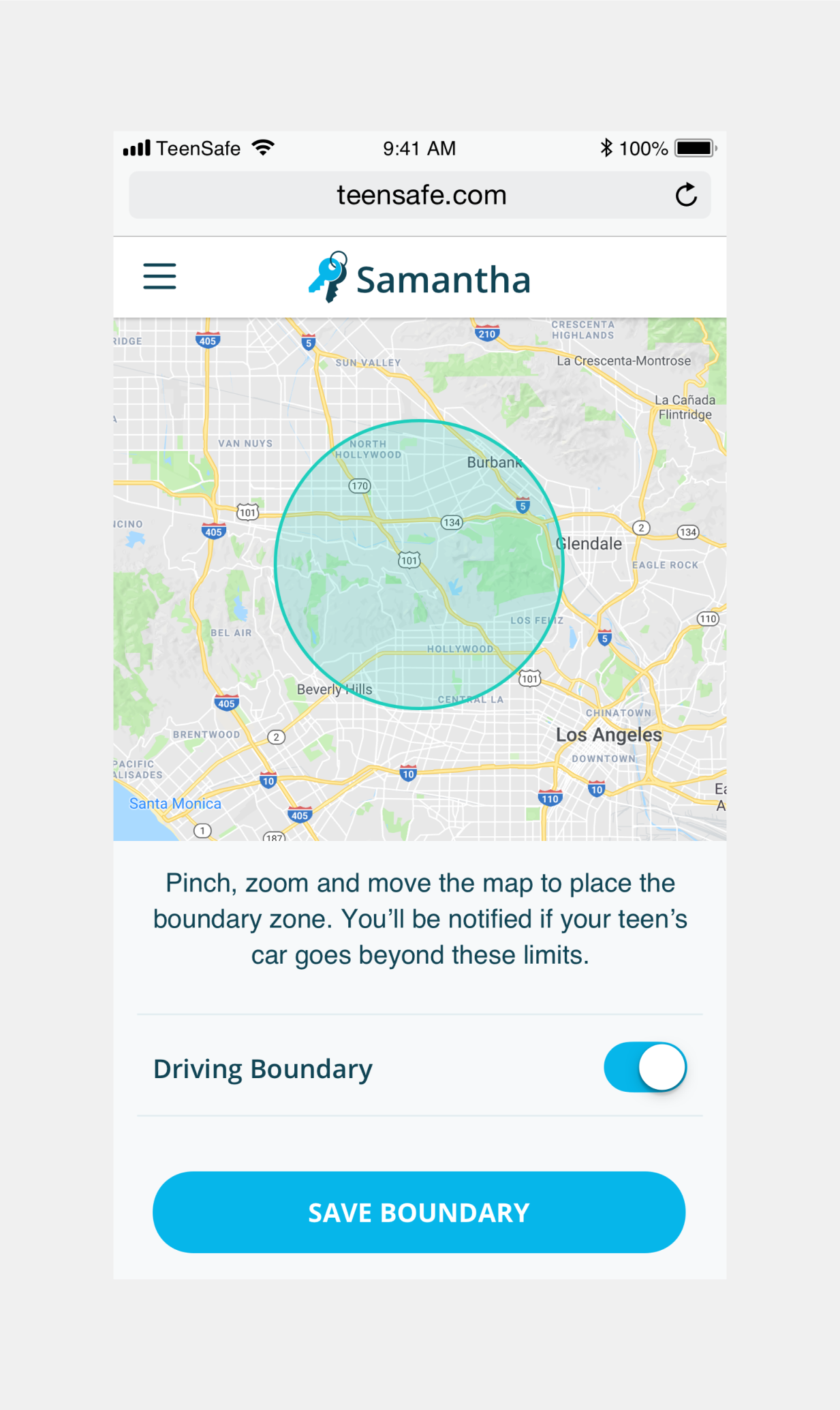 Mobile screen of setting a driver's boundary limits.
