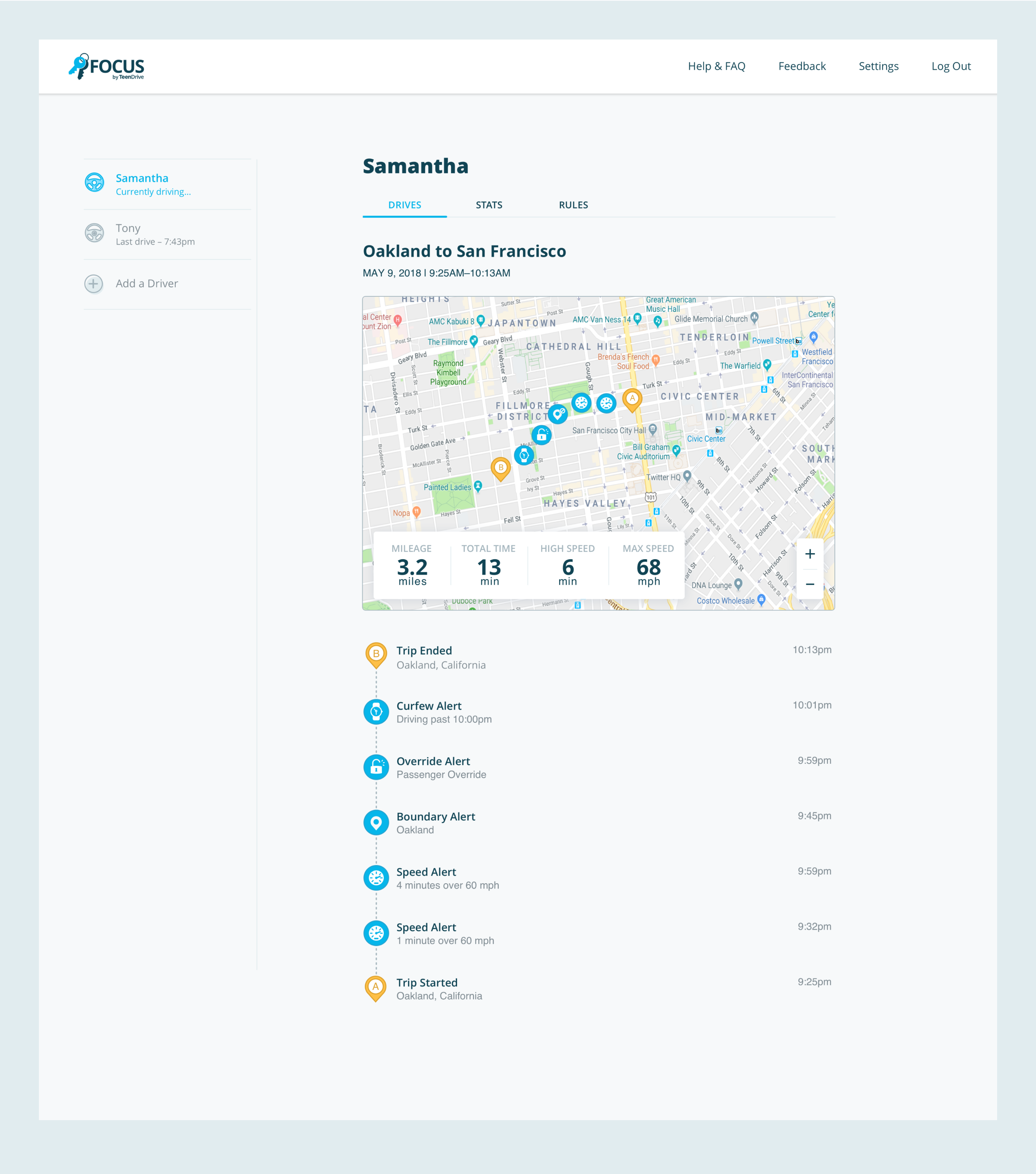 Desktop screen of a driver's trip details